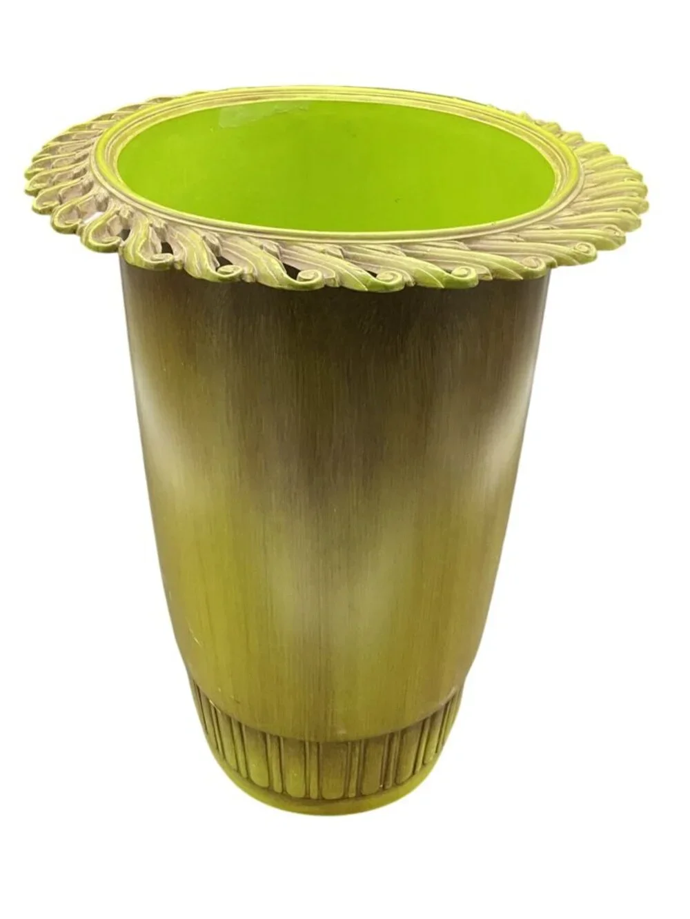Vintage Avocado Green Ornate Scroll Large Trash Can Syroco 11.5